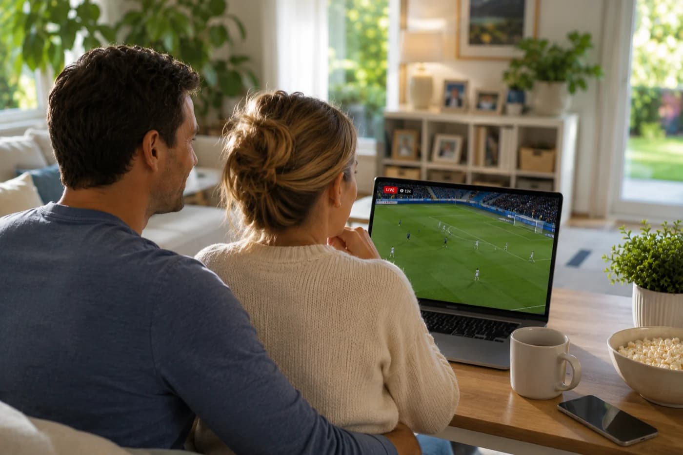 A family watching a school event stream together