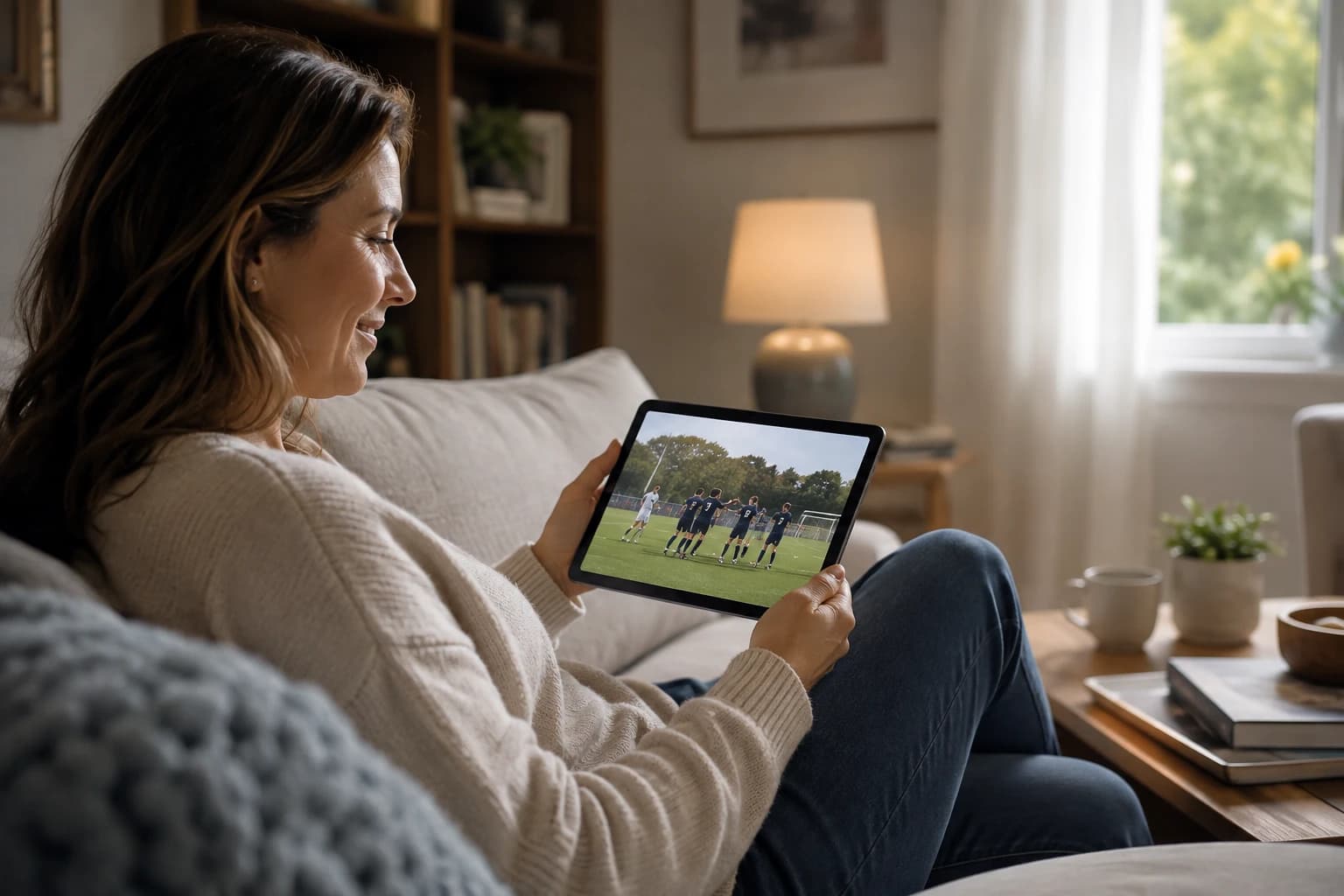 A parent watching a school event stream on a tablet
